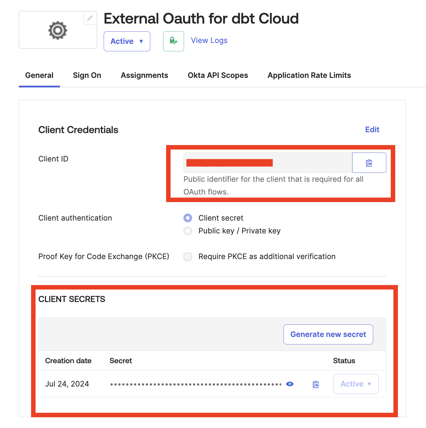 The client ID and secret highlighted in the Okta app The client ID and secret highlighted in the Okta app